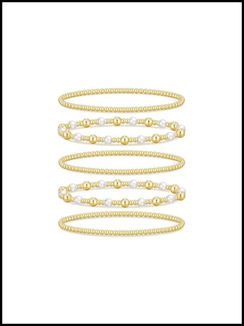 Gold Plated Beaded Bracelet Stack Set 5 Styles, Stretch, Trendy, Hypoallergenic